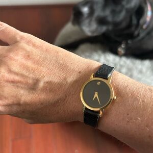 Gold and Black vintage Movado Watch with Leather Strap